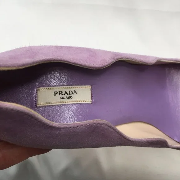 Prada Womens High Heels 38 Lavendar Suede Scalloped Edge Platform Leather Pumps - Picture 5 of 11